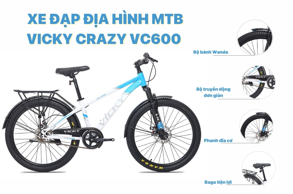 Xe đạp địa hình MTB Vicky Crazy 24 inch phù hợp với kiểu dáng và chiều cao nữa giới, sử dụng để rèn luyện sức khỏe