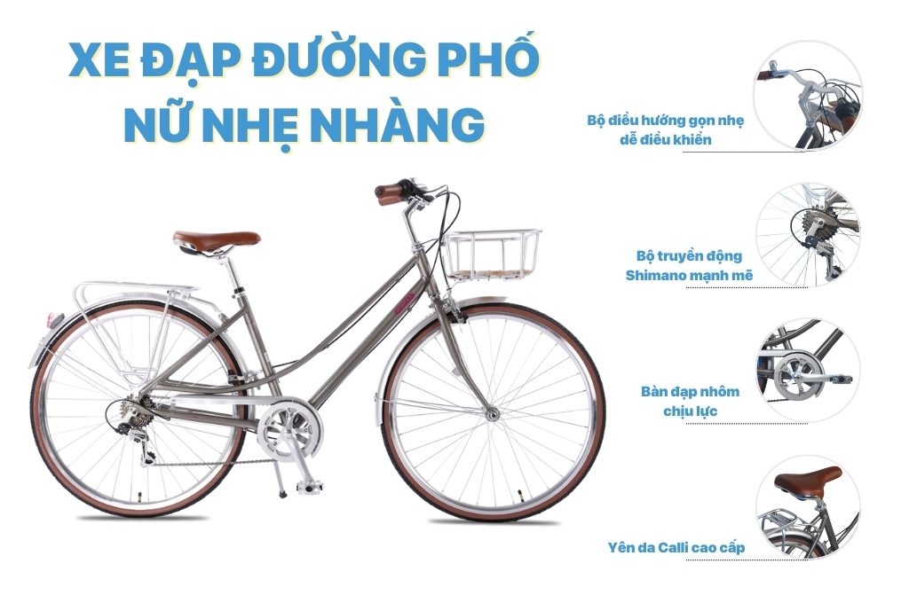 Xe đạp đường phố nữ thiết kế nhẹ nhàng và tinh tế phù hợp với phái đẹp.