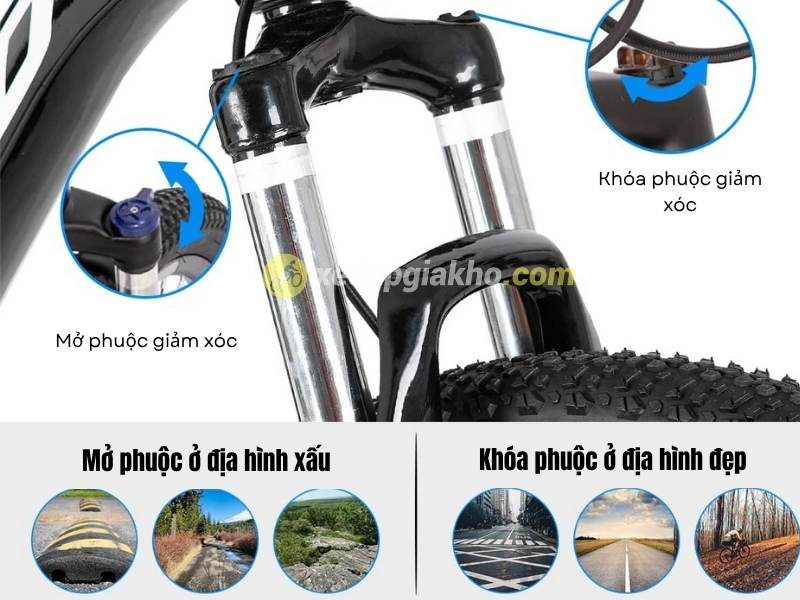 Mountain Bike Là Gì Và Nó Khác Gì So Với Xe Đạp Thông Thường? 9 Hệ thống giảm sóc ổn định, tùy dòng xe sẽ có thiết kế khóa phuộc hoặc không