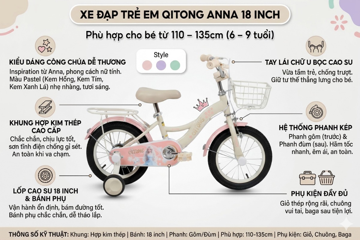 Xe đạp 18 inch cho bé gái đạp xe vui khỏe mỗi ngày