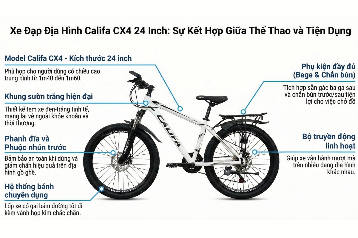 Xe đạp 24 inch MTB Califa CX4 phù hợp cho các bé đi học, đi chơi,...