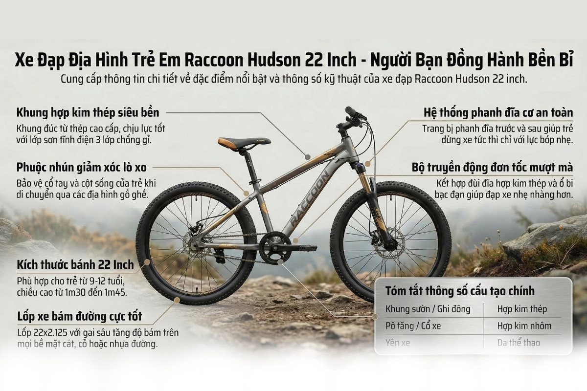 Xe đạp Raccoon Hudson thiết kế phong cách thể thao, phù hợp cho bé trai