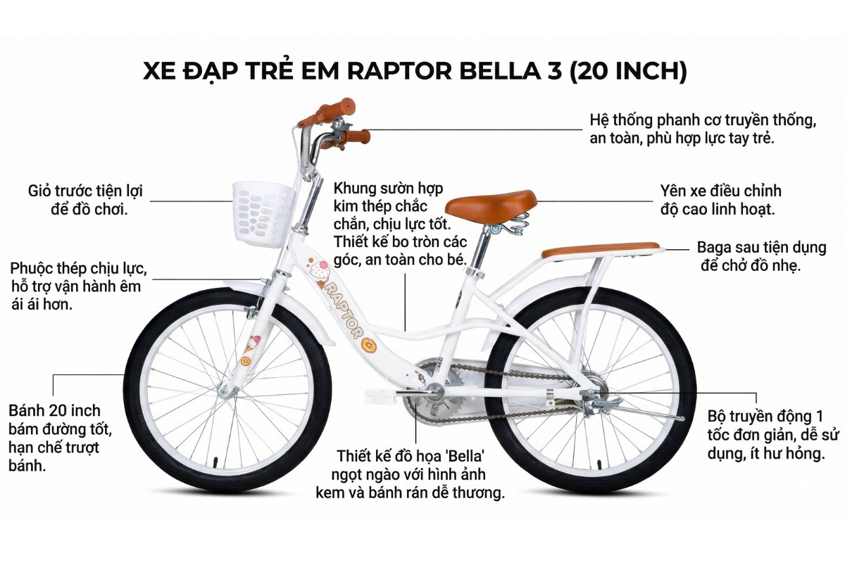 Xe đạp bé gái xinh xắn, đầy đủ phụ kiện tiện ích cho trẻ đạp xe