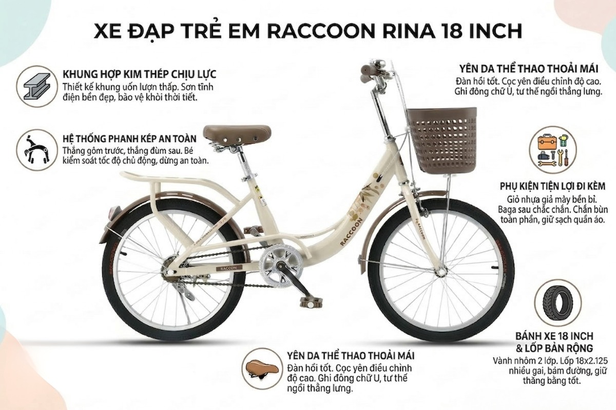 Xe đạp cho bé gái Raccoon Rina xinh xắc, phù hợp cho bé đạp quen