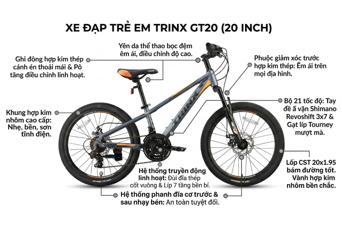 Xe đạp cho bé trai Trinx GT20 20 inch khung nhôm nhẹ và bền