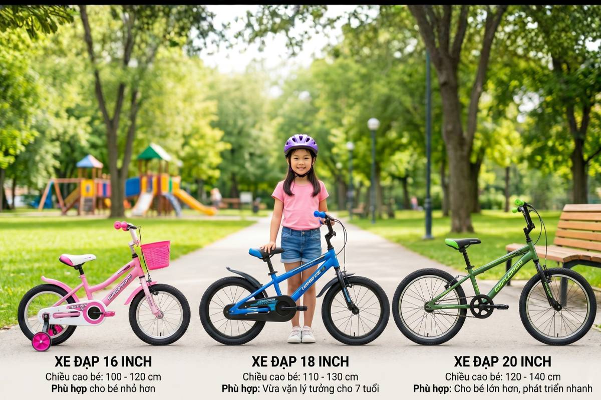 Kích cỡ của xe đạp trẻ em 7 tuổi theo ba kích thước phổ biến