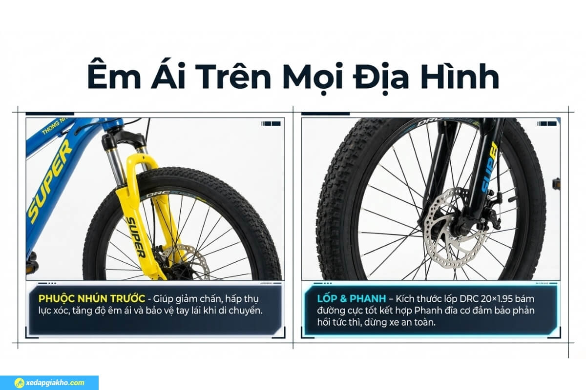 Xe Đạp Địa Hình Trẻ Em Thống Nhất Super 20 Inch – Phanh Đĩa cơ 11 Phuộc và bánh của xe đạp trẻ em Thống Nhất Super 20 inch