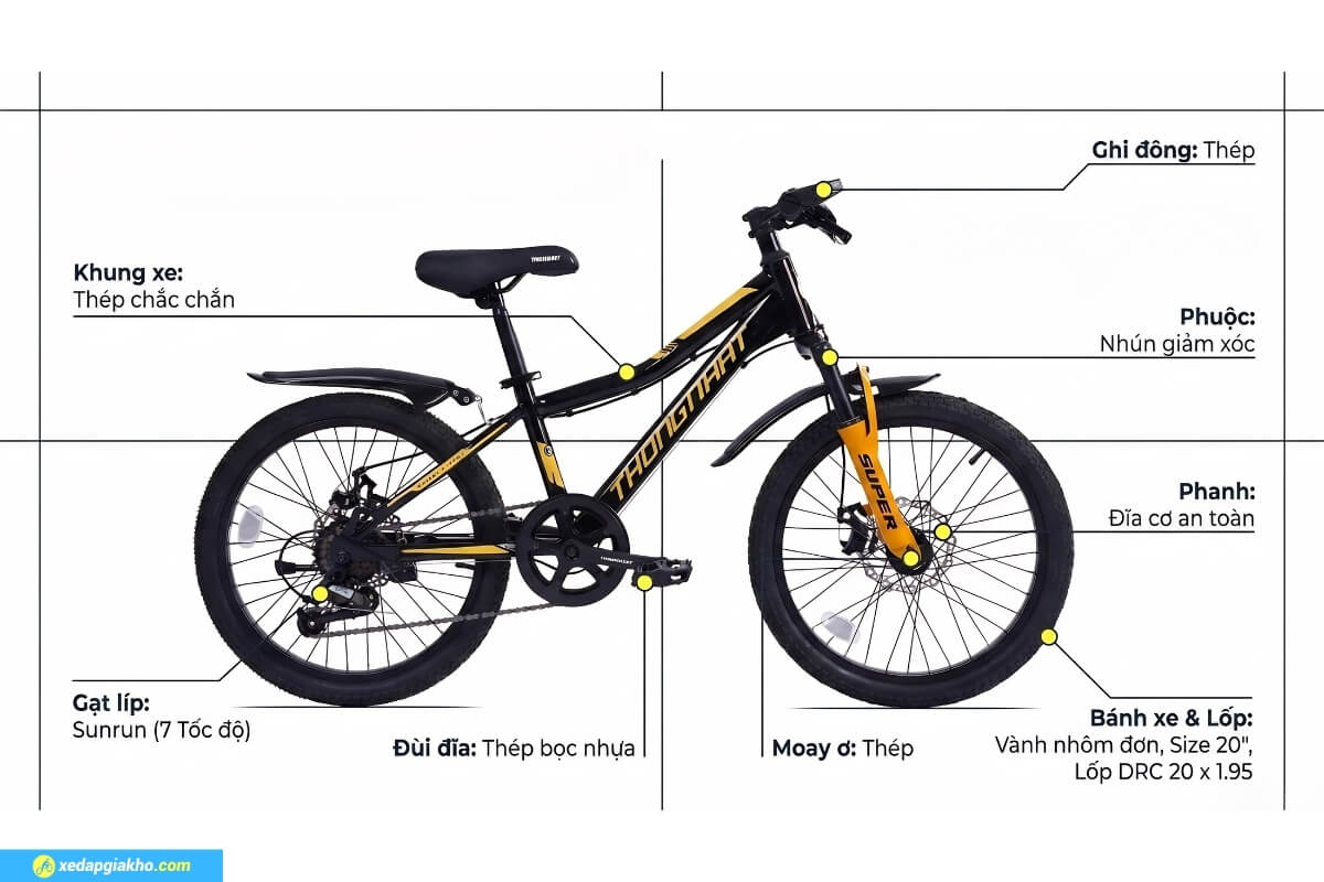 Xe Đạp Địa Hình Trẻ Em Thống Nhất Super 20 Inch – Phanh Đĩa cơ 12 Thông số xe đạp trẻ em Thống Nhất Super 20 inch