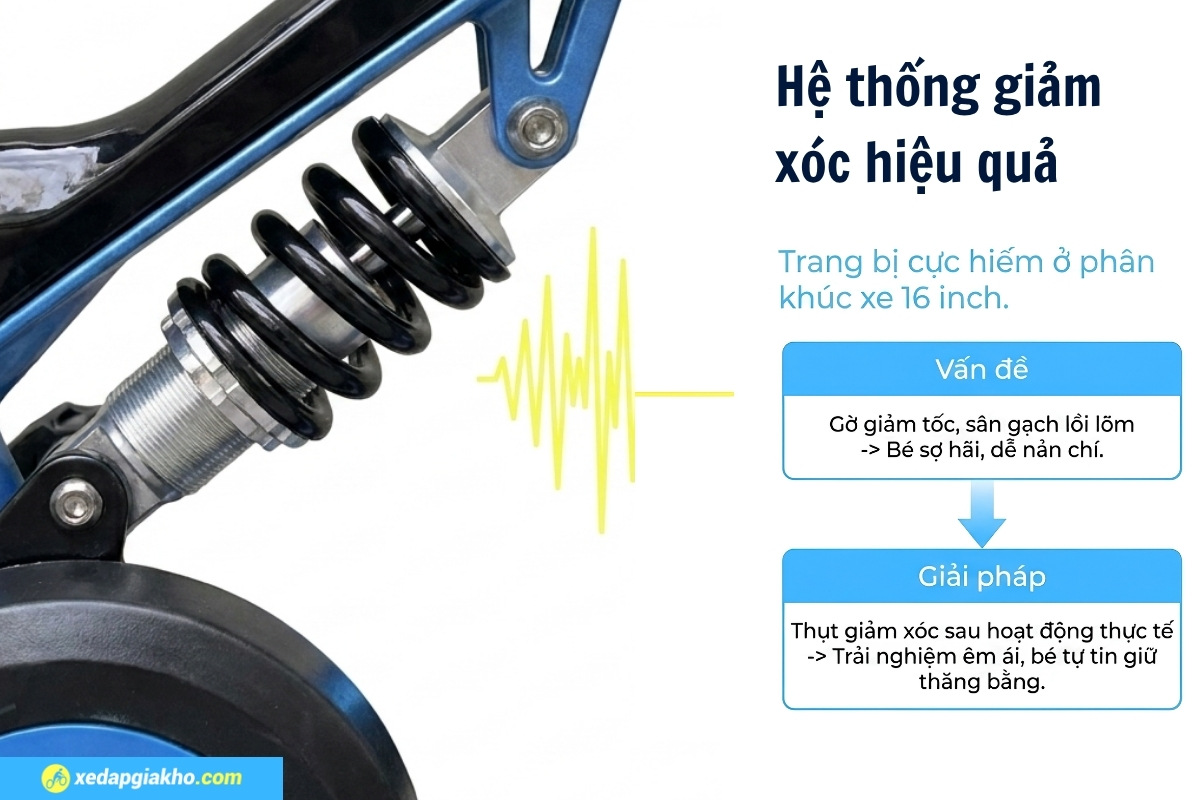 Xe Đạp Trẻ Em Bé Trai Miamor Venus 16 Inch 9 Phuộc hợp kim nhôm kết hợp giảm chấn giữa khung giúp xe vận hành êm ái của xe đạp Miamor Venus