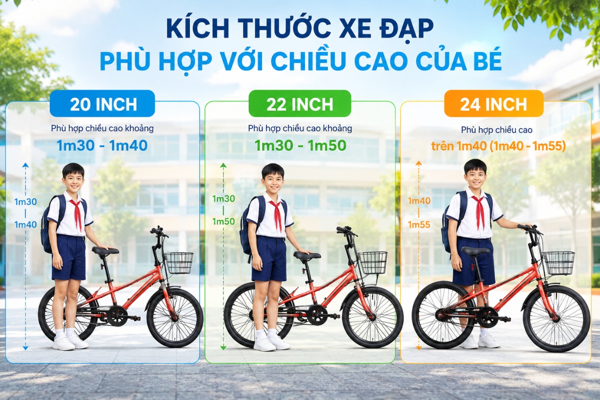 Xe Đạp Cho Học Sinh Lớp 5 - Cách Chọn Xe Phù Hợp 12 Đa dạng kích thước xe đạp phù hợp cho học sinh