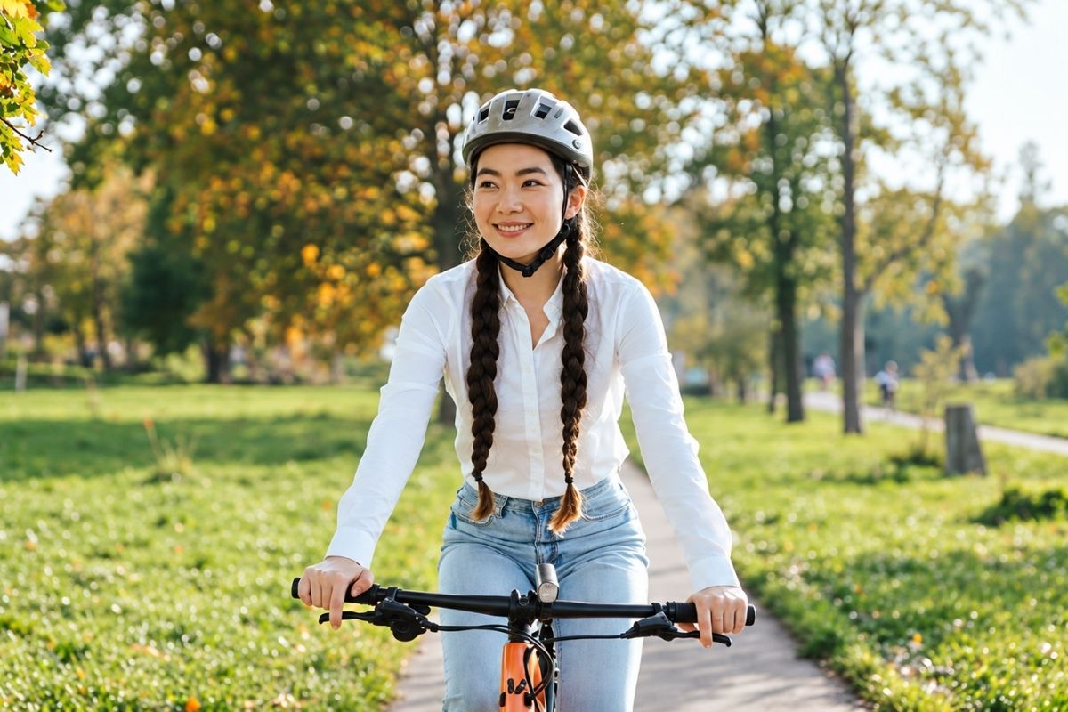 Cách Chọn Mũ Bảo Hiểm Xe Đạp: 5 Tiêu Chí Cần Biết 2 Cô gái đang đội mũ bảo hiểm đạp xe đi dạo