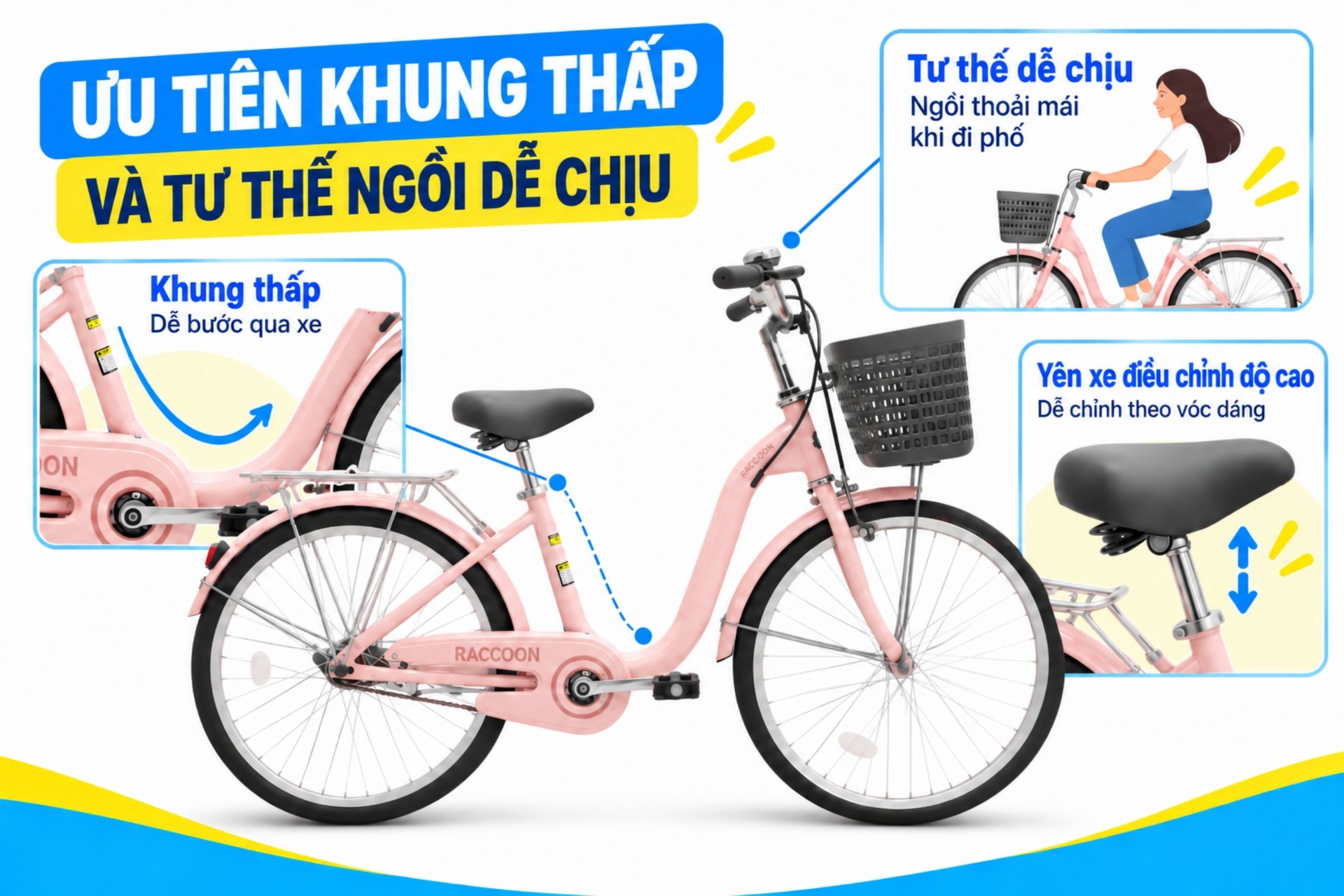 Chọn Xe Đạp Tặng Mẹ Dịp 20/10 Sao Cho Dễ Đi Và Vừa Người 3 Khung xe thấp giúp mẹ chủ động trong việc lên xuống xe
