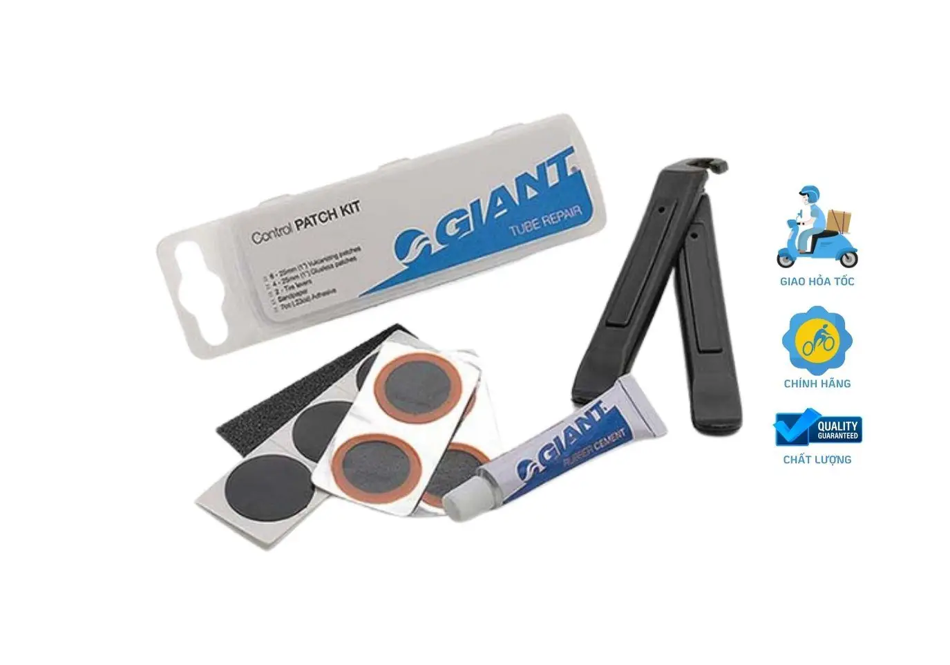 Bộ dụng cụ vá vỏ xe Giant bao gồm các miếng vá, ống keo dán, hai đòn bẩy nhựa