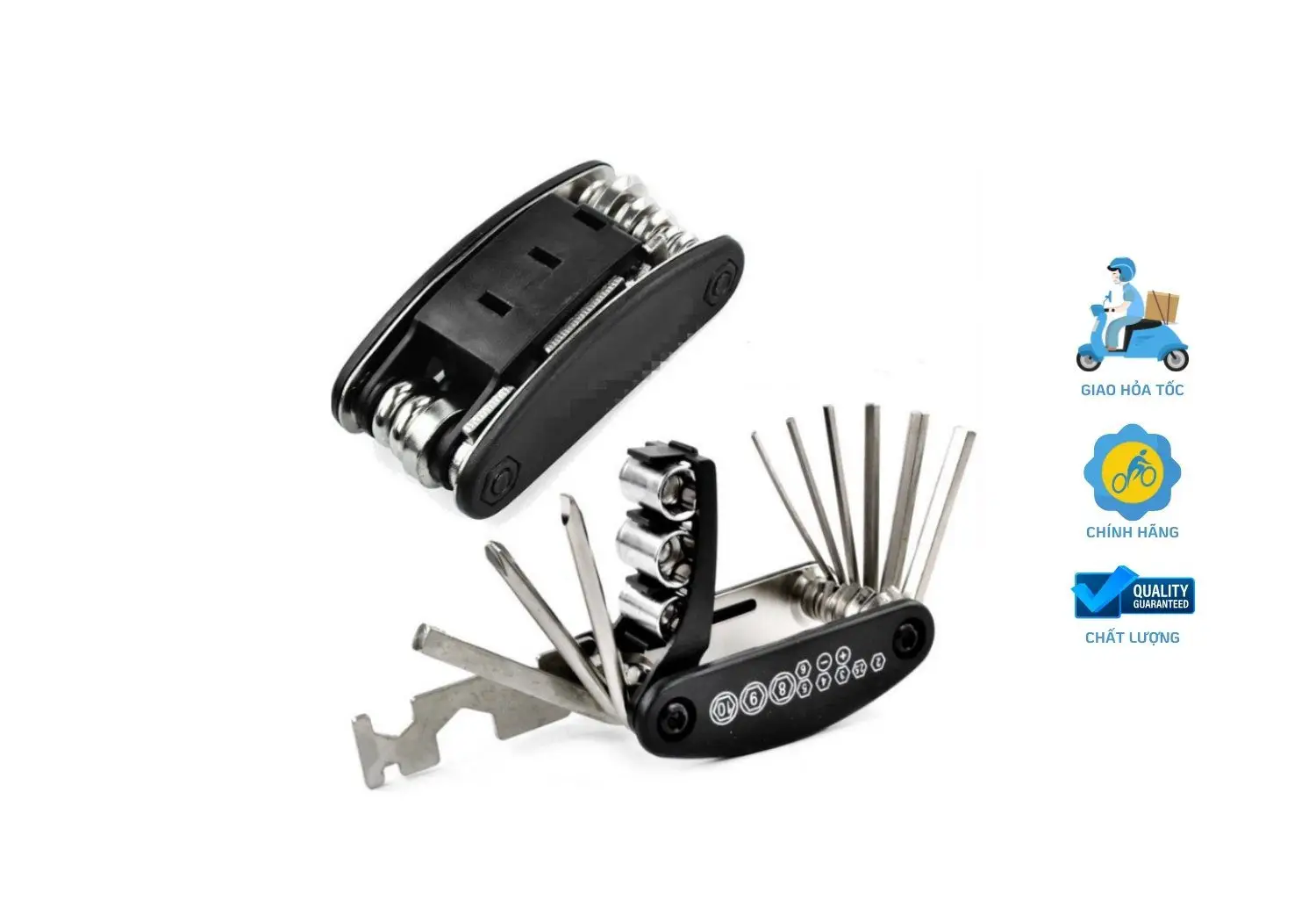 Với thiết kế đa năng, bộ lục giác tích hợp thêm các loại khóa, tua vít và dụng cụ mở chai