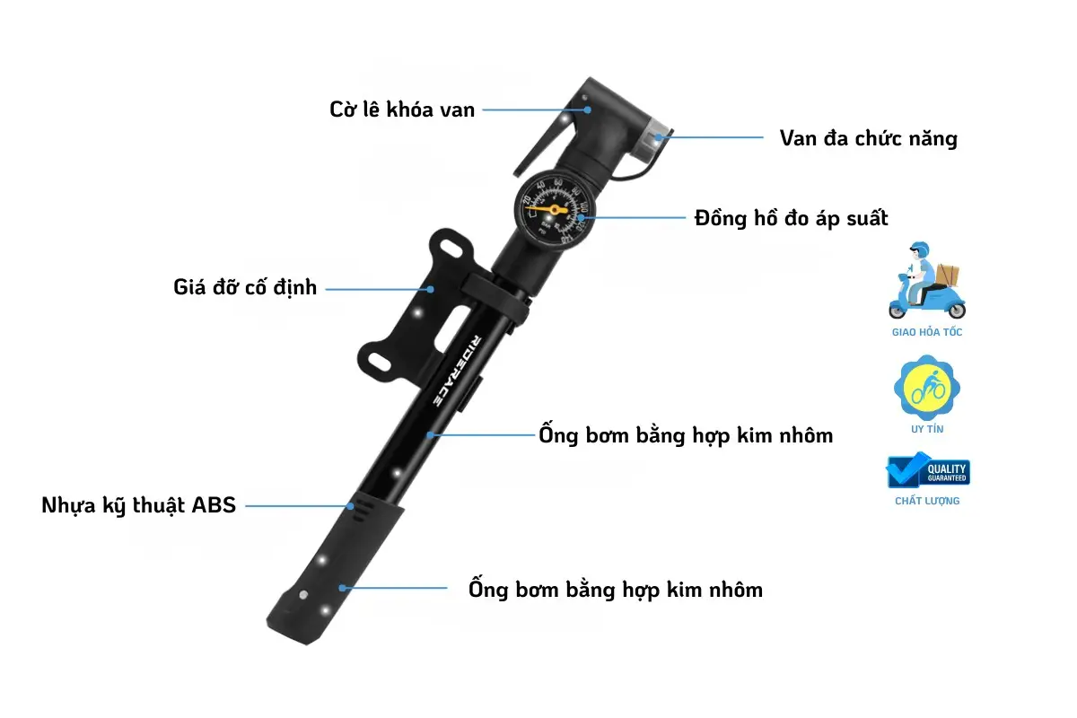 Bơm Xe Đạp Mini Raca - Tích Hợp Đồng Hồ Đo Áp Suất 7 Bơm Xe Đạp Mini Raca