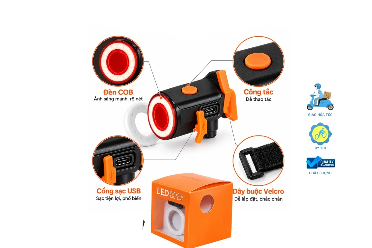 Đèn hậu xe đạp dạng tròn sạc USB